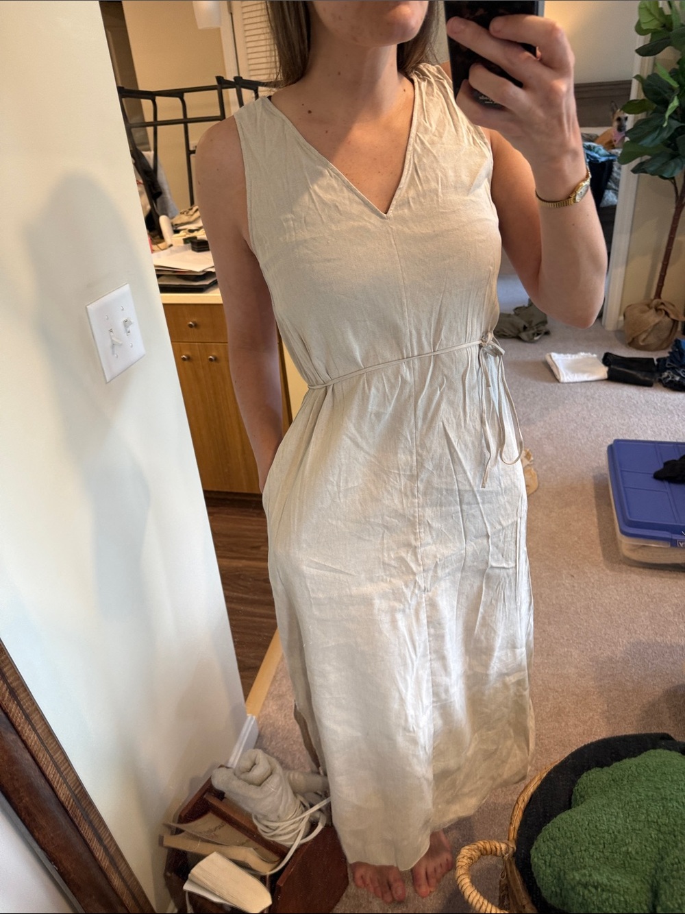 Theory Cream Sleeveless V-Neck Maxi Dress with Tie Waist
